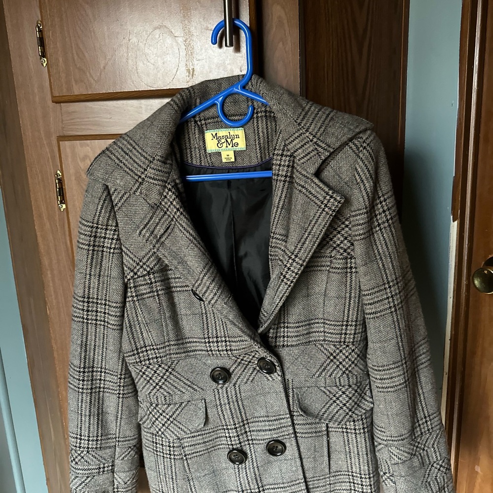 Marsh Landing Black and Gray Plaid Pea Coat